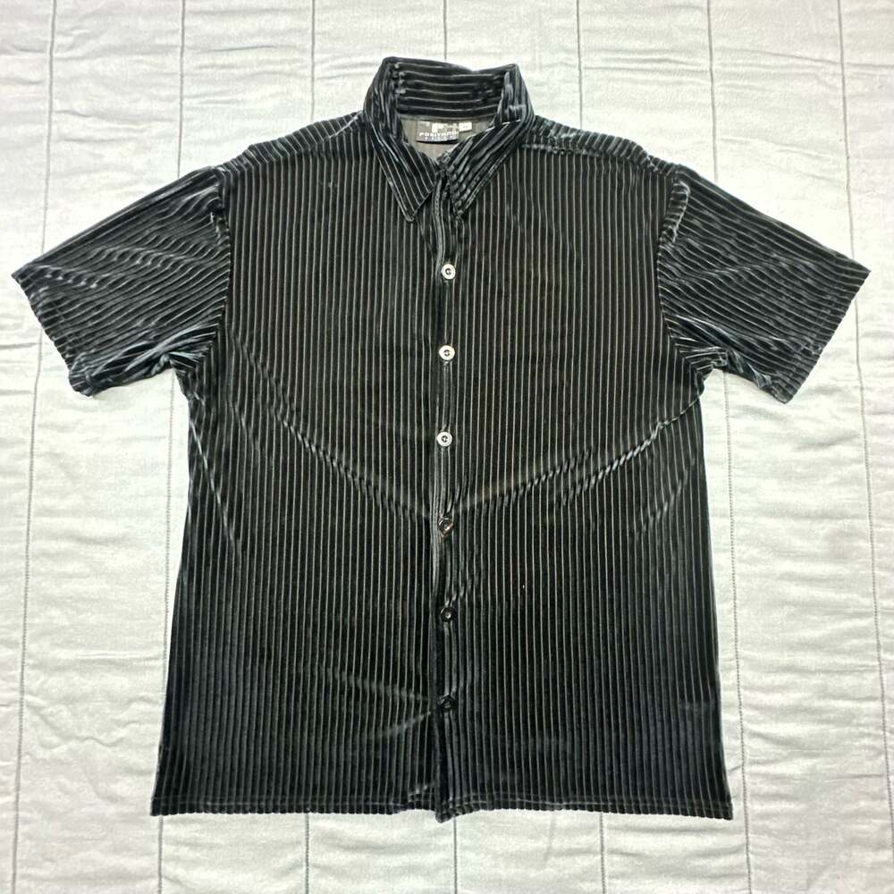 Positano Vintage Men's Short Sleeve Black Velvet Striped Button Down Shirt
